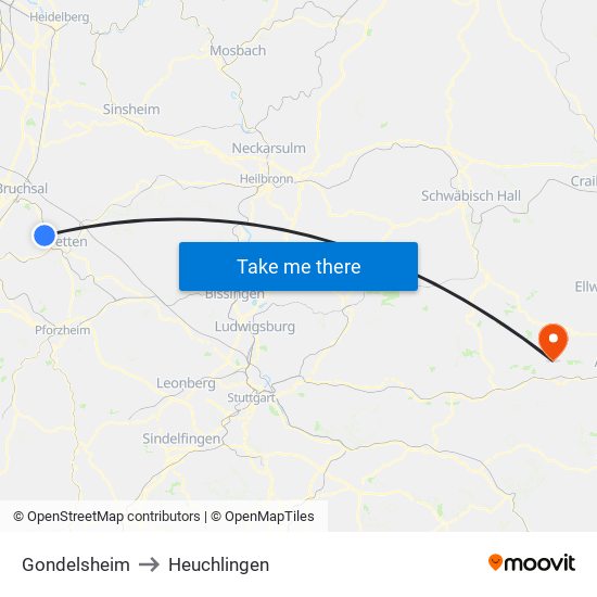 Gondelsheim to Heuchlingen map