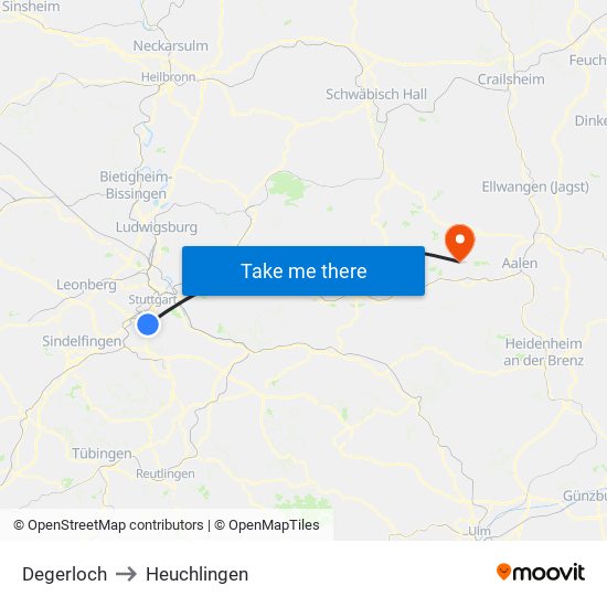Degerloch to Heuchlingen map