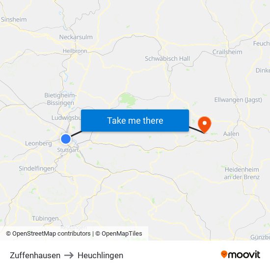 Zuffenhausen to Heuchlingen map