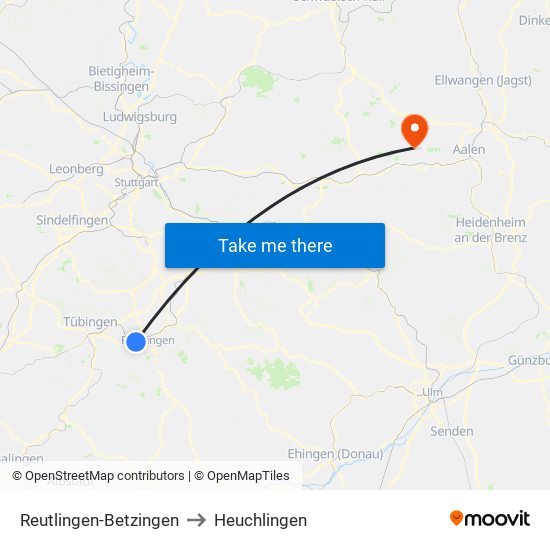 Reutlingen-Betzingen to Heuchlingen map