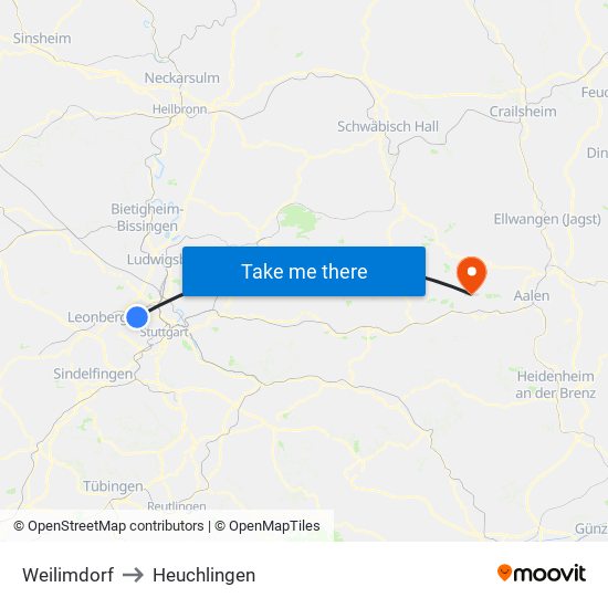 Weilimdorf to Heuchlingen map