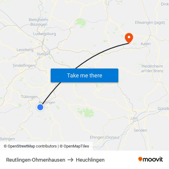 Reutlingen-Ohmenhausen to Heuchlingen map