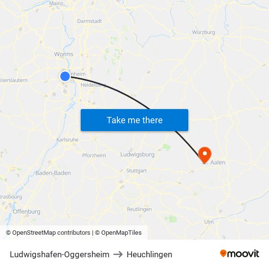 Ludwigshafen-Oggersheim to Heuchlingen map