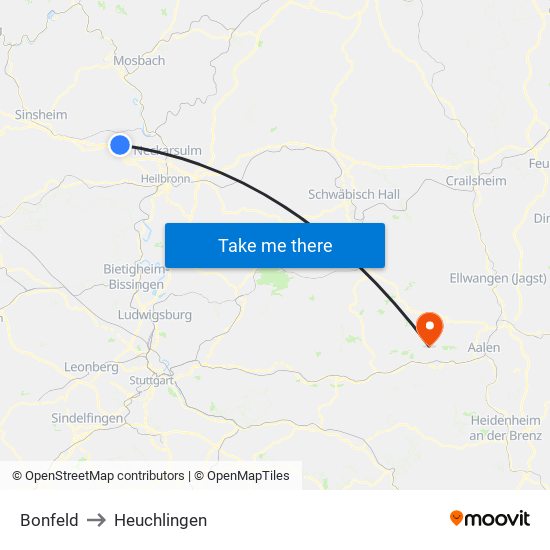 Bonfeld to Heuchlingen map