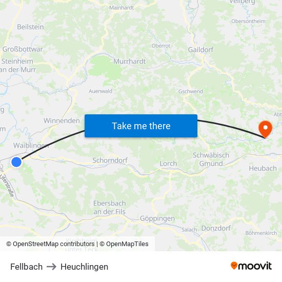 Fellbach to Heuchlingen map