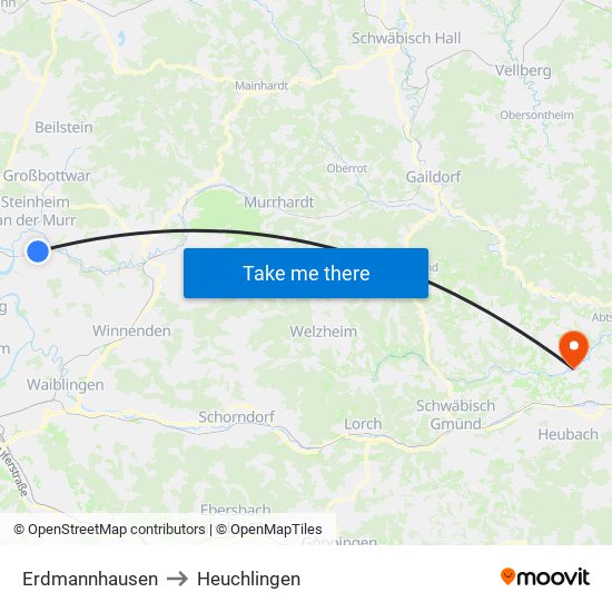 Erdmannhausen to Heuchlingen map