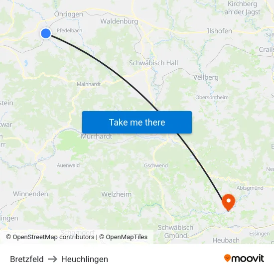 Bretzfeld to Heuchlingen map