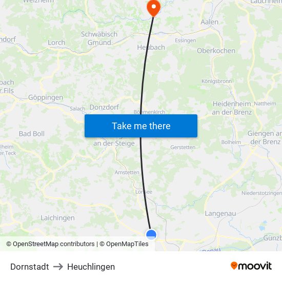 Dornstadt to Heuchlingen map