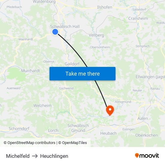 Michelfeld to Heuchlingen map