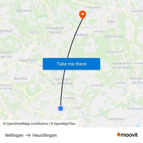 Nellingen to Heuchlingen map