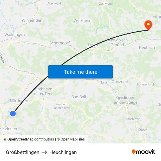 Großbettlingen to Heuchlingen map