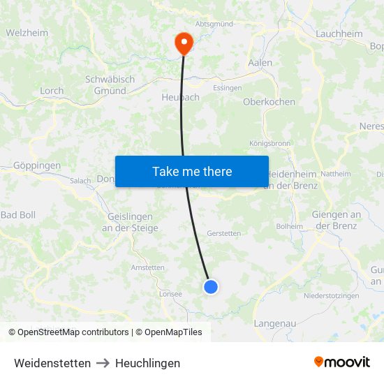 Weidenstetten to Heuchlingen map