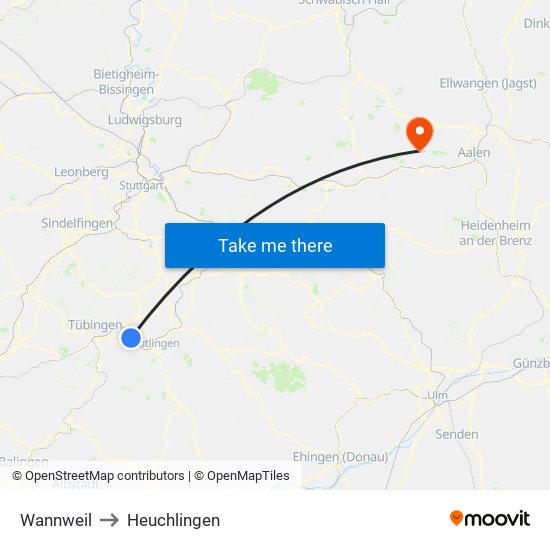 Wannweil to Heuchlingen map