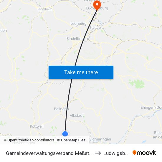 Gemeindeverwaltungsverband Meßstetten to Ludwigsburg map