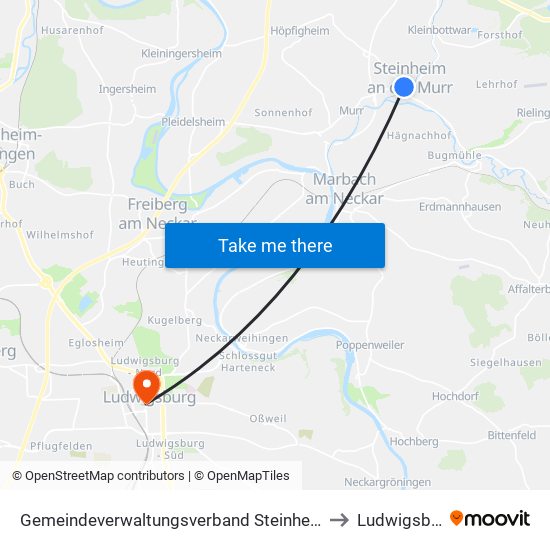 Gemeindeverwaltungsverband Steinheim-Murr to Ludwigsburg map