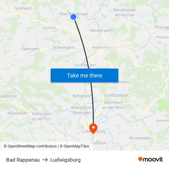 Bad Rappenau to Ludwigsburg map