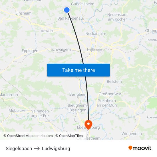 Siegelsbach to Ludwigsburg map