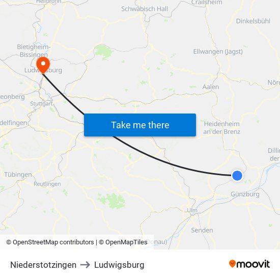 Niederstotzingen to Ludwigsburg map