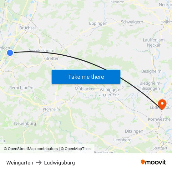 Weingarten to Ludwigsburg map