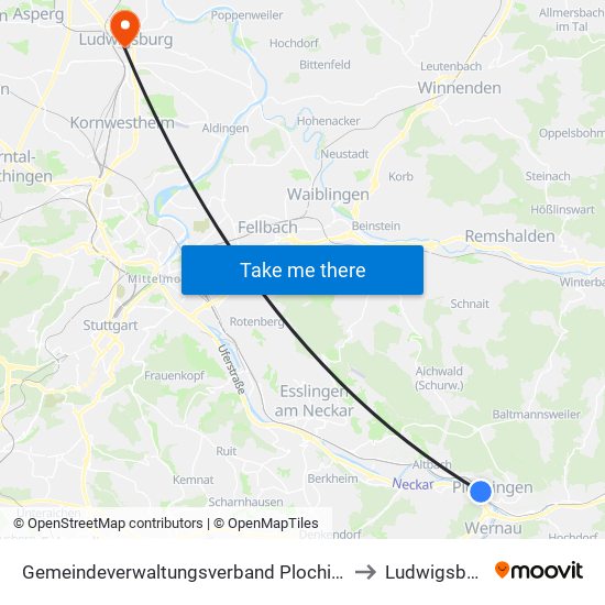 Gemeindeverwaltungsverband Plochingen to Ludwigsburg map