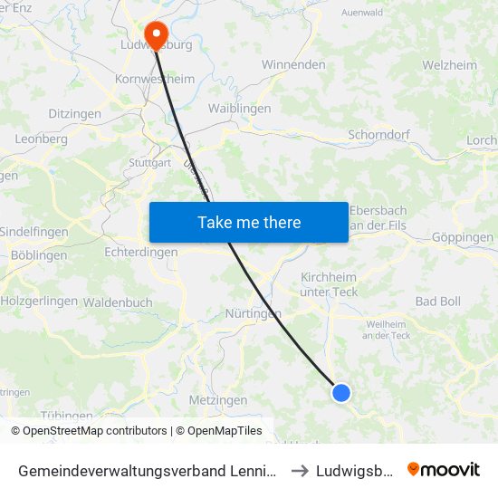 Gemeindeverwaltungsverband Lenningen to Ludwigsburg map