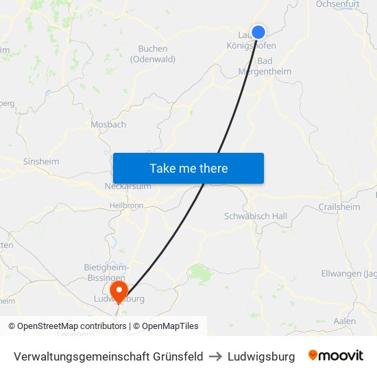 Verwaltungsgemeinschaft Grünsfeld to Ludwigsburg map