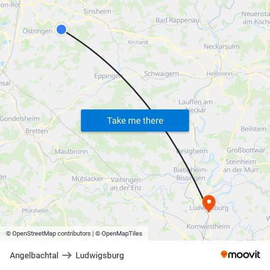 Angelbachtal to Ludwigsburg map