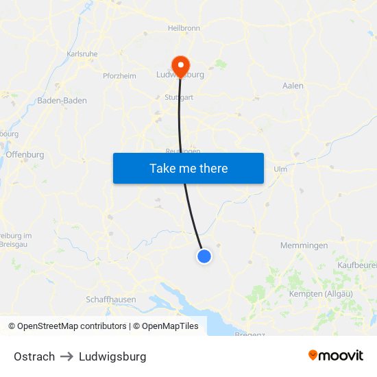 Ostrach to Ludwigsburg map