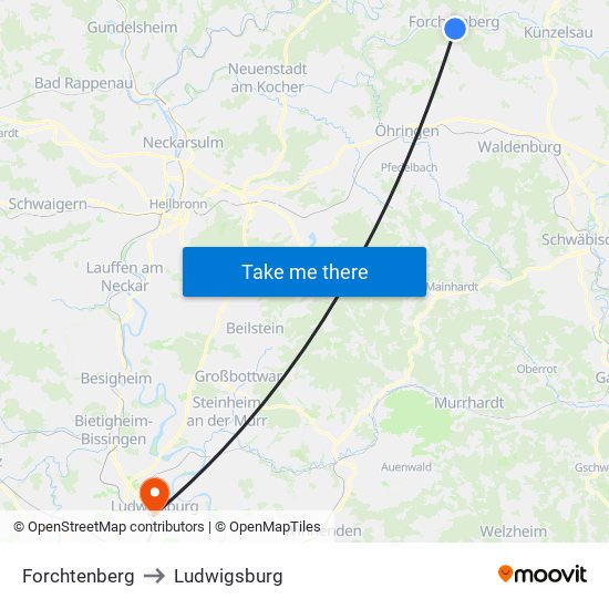 Forchtenberg to Ludwigsburg map