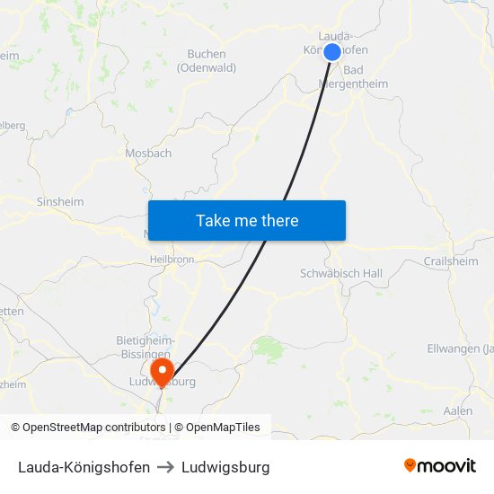 Lauda-Königshofen to Ludwigsburg map