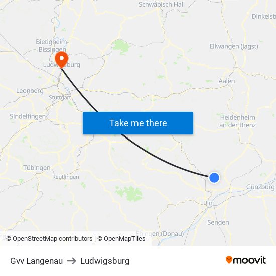 Gvv Langenau to Ludwigsburg map