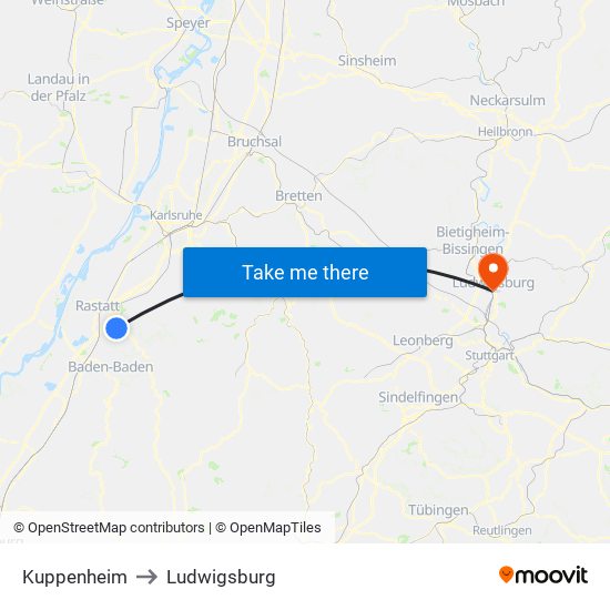 Kuppenheim to Ludwigsburg map