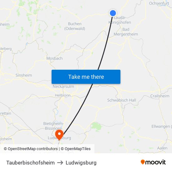 Tauberbischofsheim to Ludwigsburg map