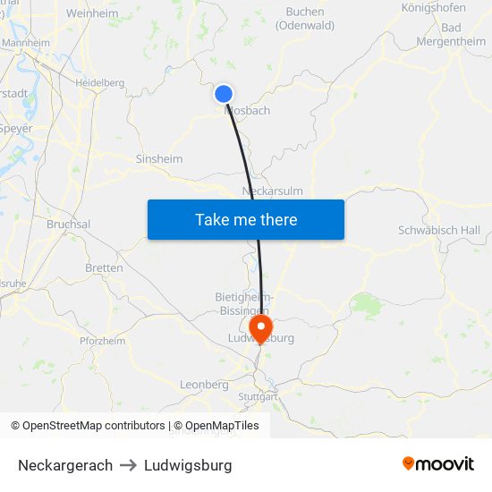 Neckargerach to Ludwigsburg map