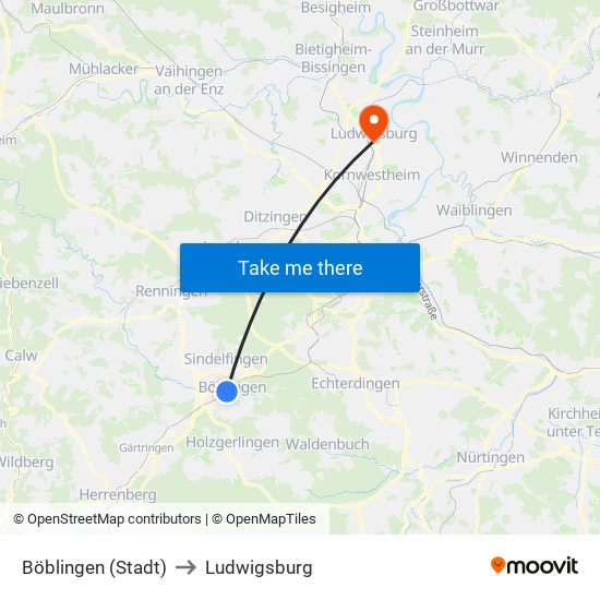 Böblingen (Stadt) to Ludwigsburg map