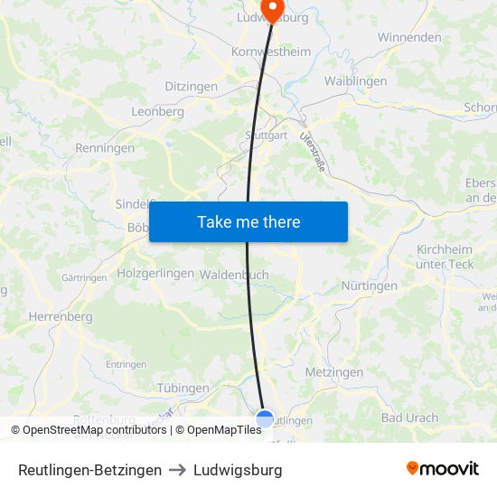 Reutlingen-Betzingen to Ludwigsburg map