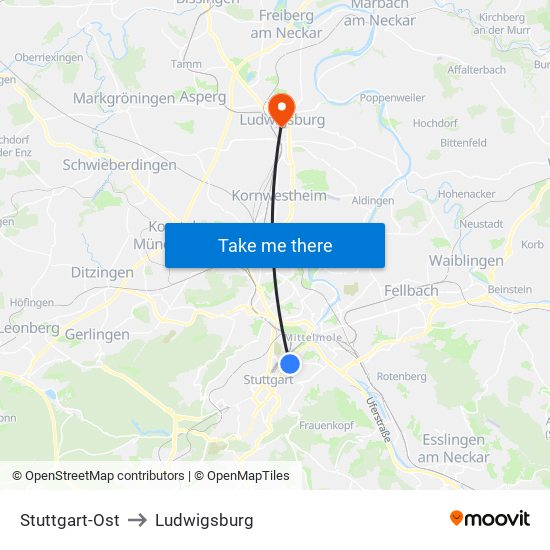 Stuttgart-Ost to Ludwigsburg map