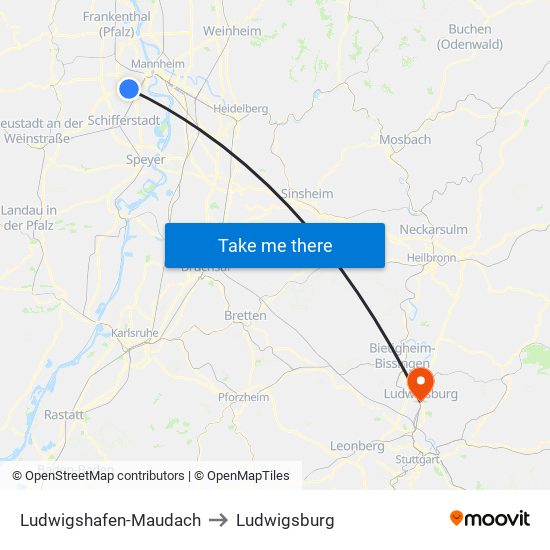 Ludwigshafen-Maudach to Ludwigsburg map