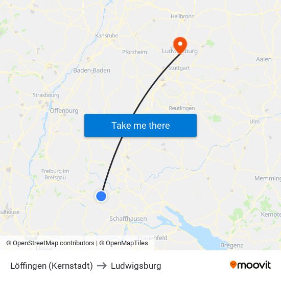 Löffingen (Kernstadt) to Ludwigsburg map