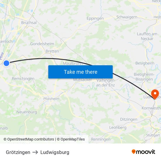 Grötzingen to Ludwigsburg map