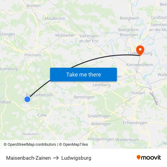 Maisenbach-Zainen to Ludwigsburg map