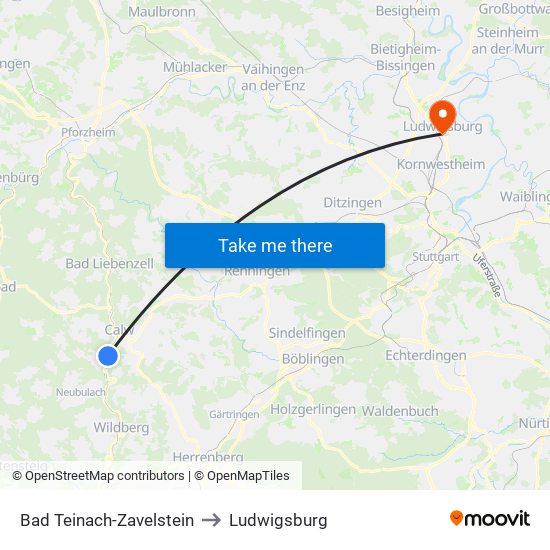 Bad Teinach-Zavelstein to Ludwigsburg map