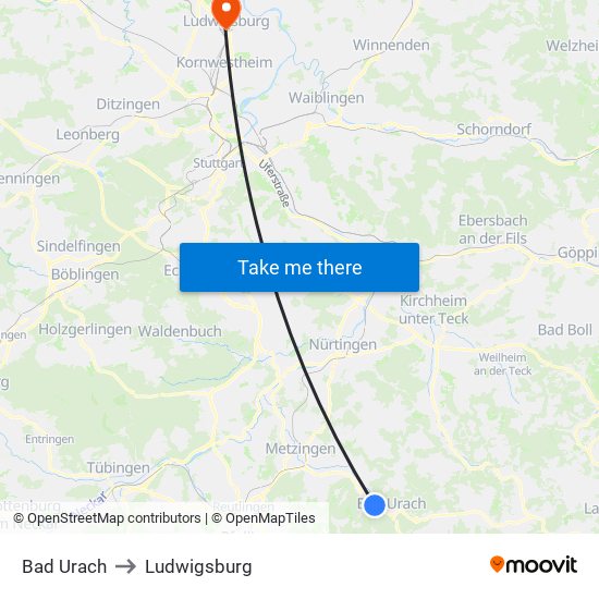 Bad Urach to Ludwigsburg map