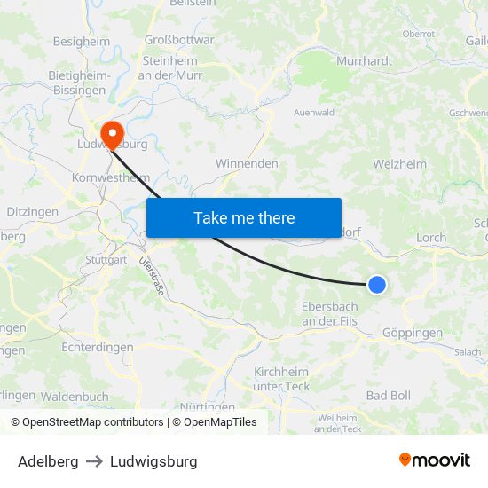 Adelberg to Ludwigsburg map
