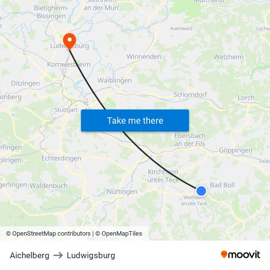 Aichelberg to Ludwigsburg map