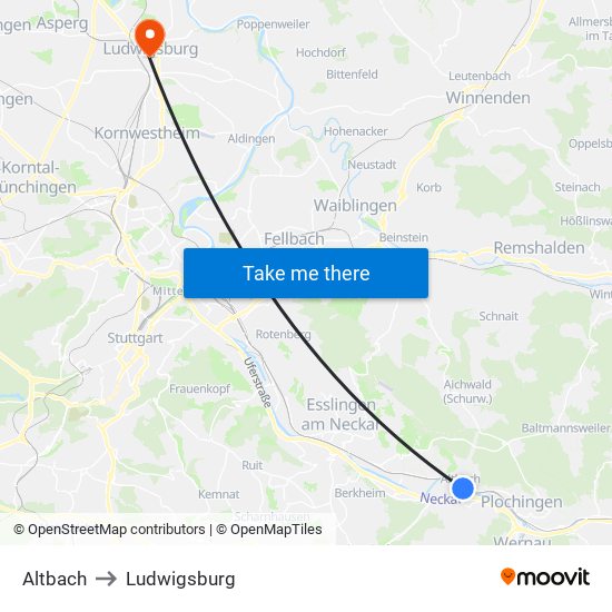 Altbach to Ludwigsburg map