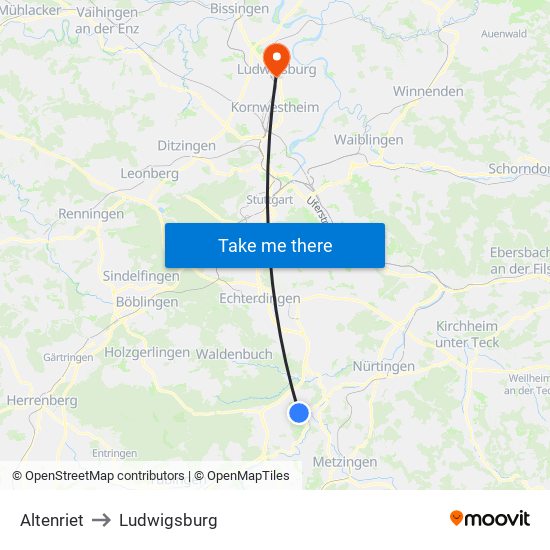 Altenriet to Ludwigsburg map