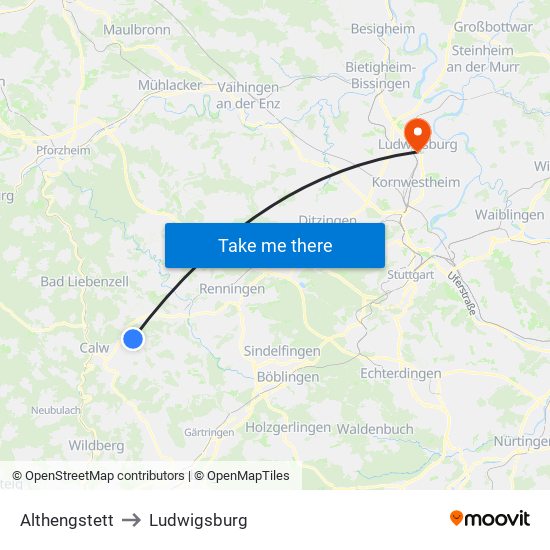Althengstett to Ludwigsburg map