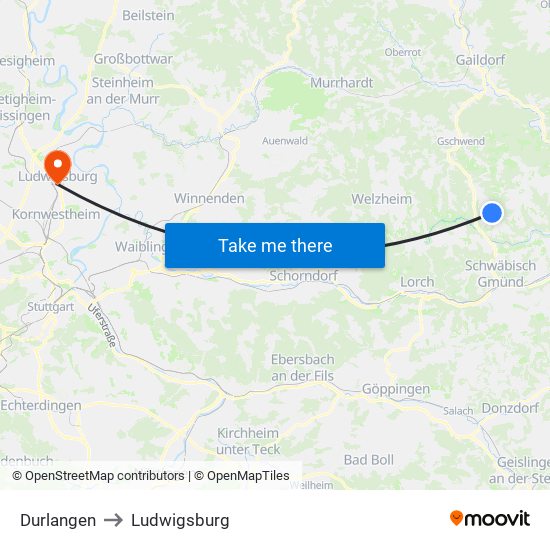 Durlangen to Ludwigsburg map