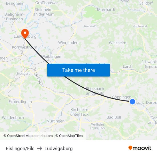 Eislingen/Fils to Ludwigsburg map